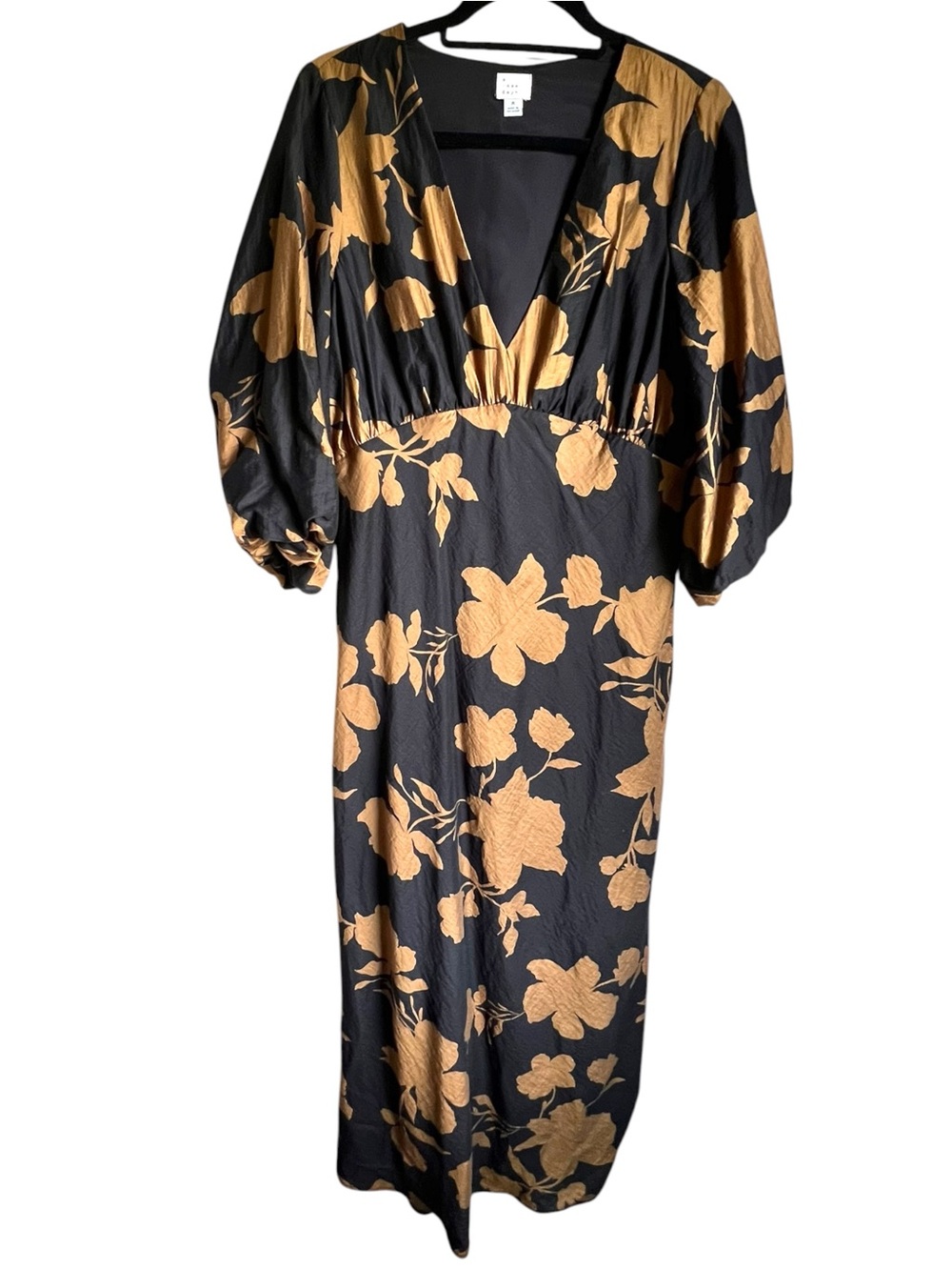 A New Day Black Gold Floral Midi‎ Dress Women’s M Balloon Sleeve Cocktail Party